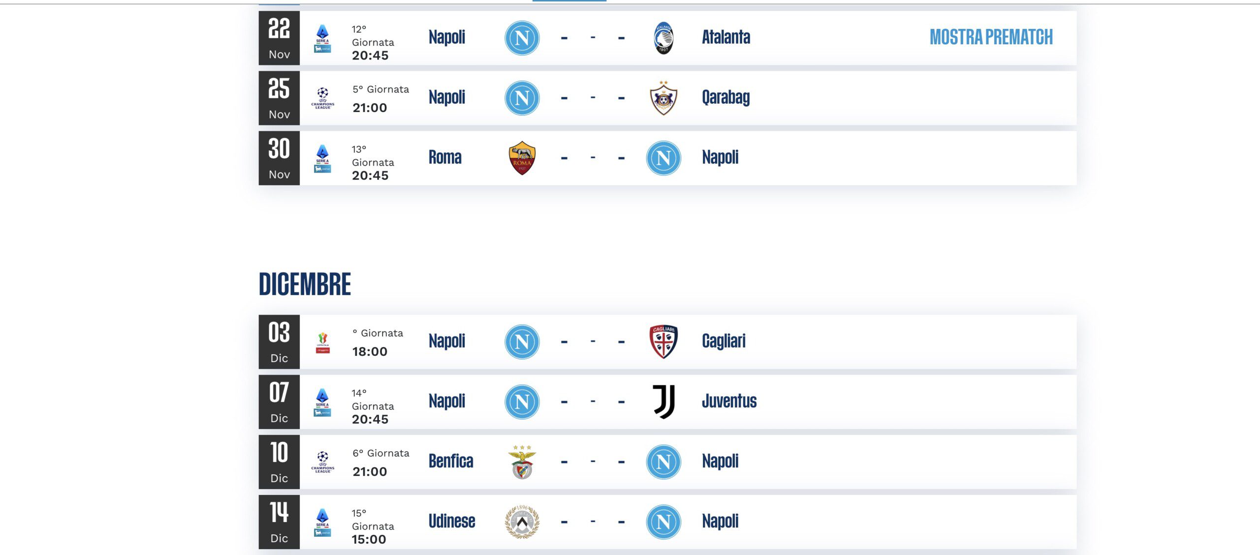 Calendario Napoli novembre dicembre
